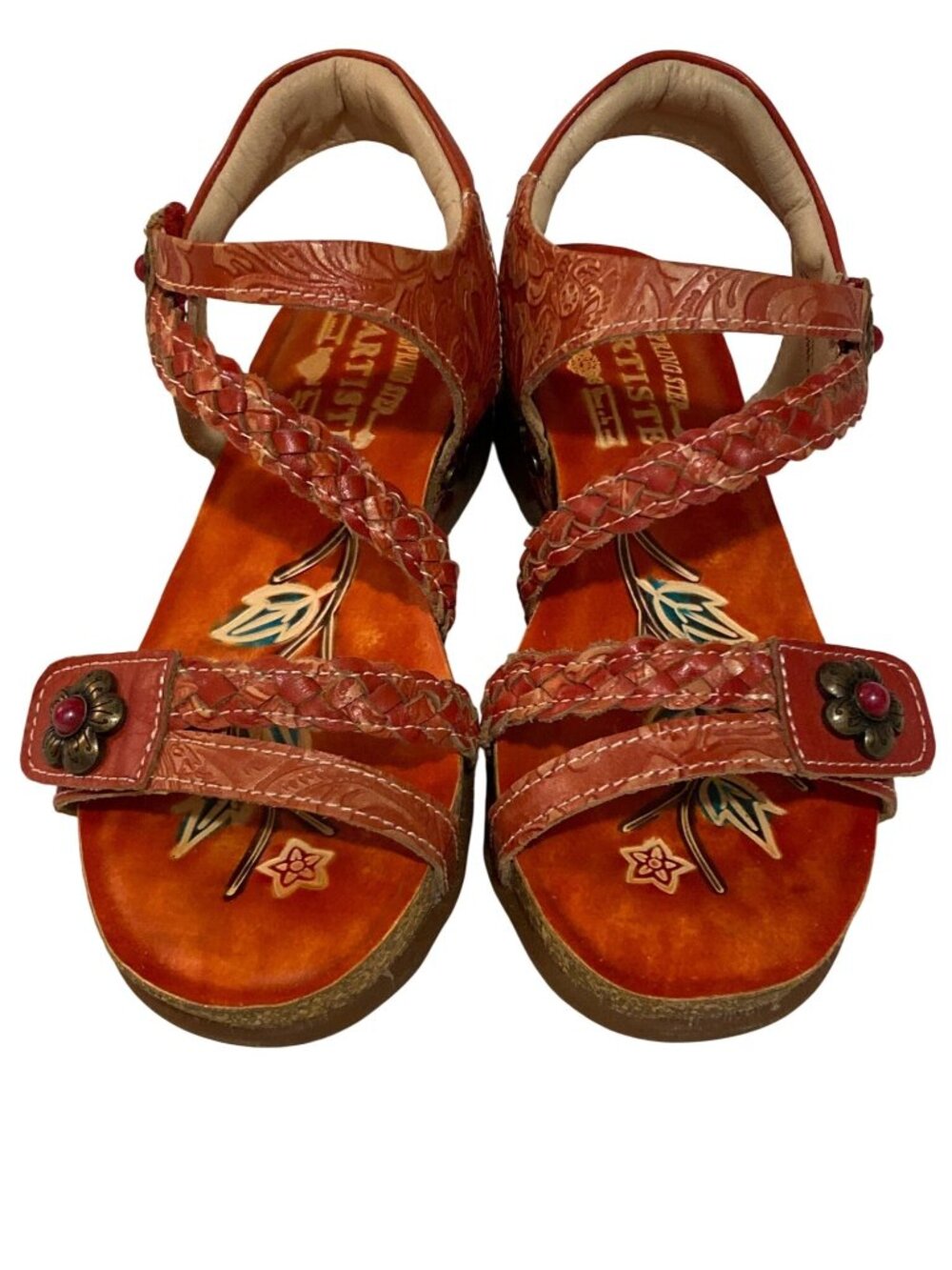 L'Artiste by Spring Step Renee Red Leather Boho Floral Sandals Women's EU 36 US